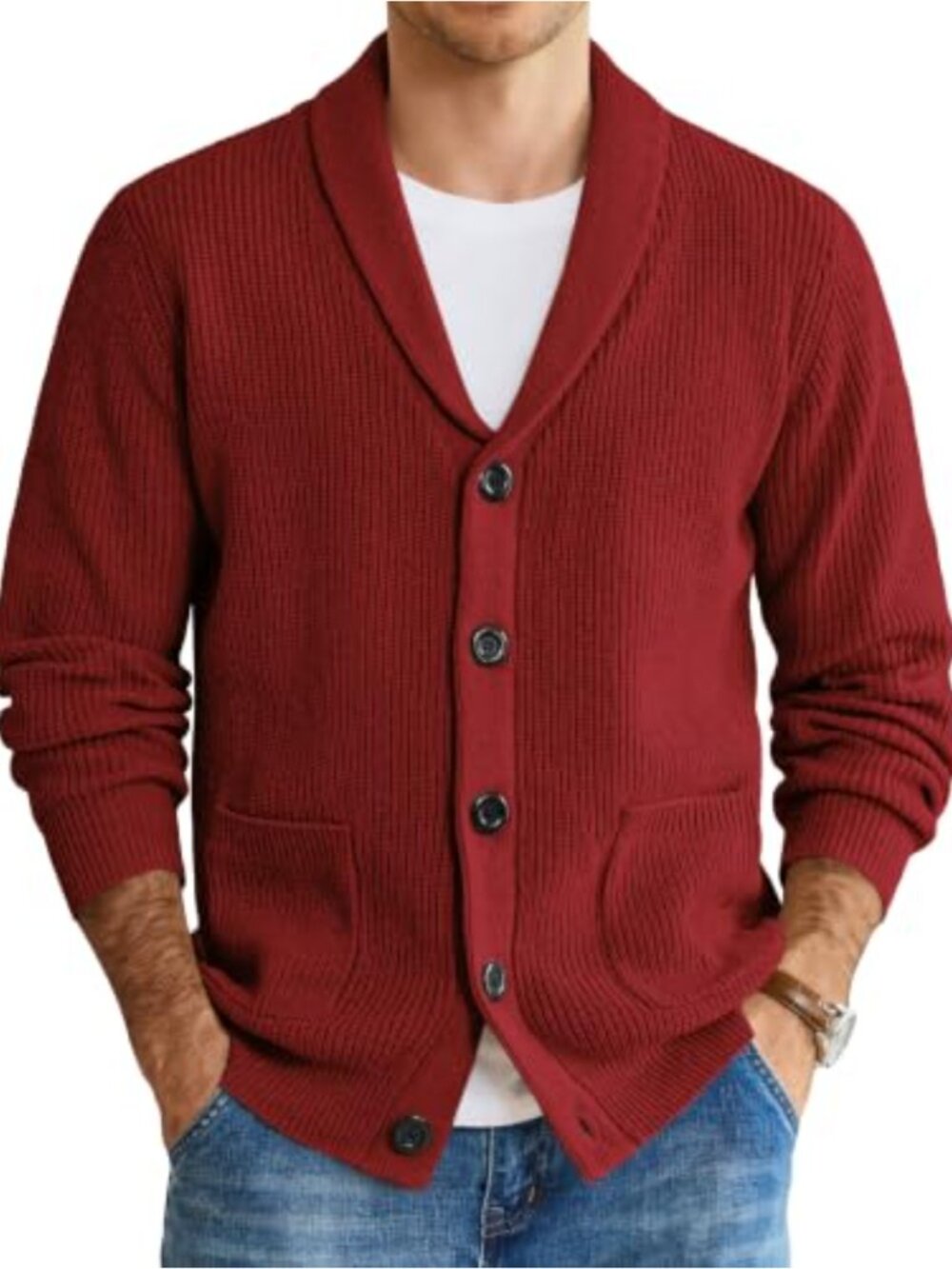 Shawl Collar Cable Knit Cardigan Sweater Slim Fit Button Up with Pockets